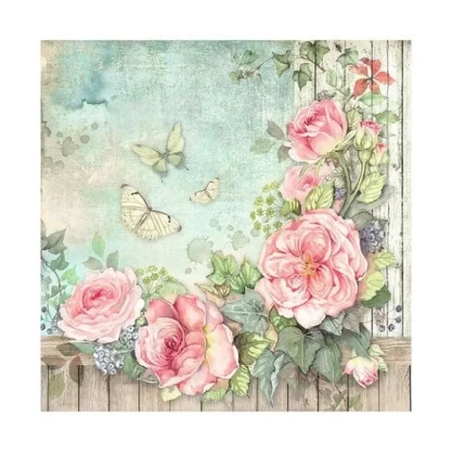 Set 4 hojas de tela Fabric House of Roses Stamperia 30x30cm