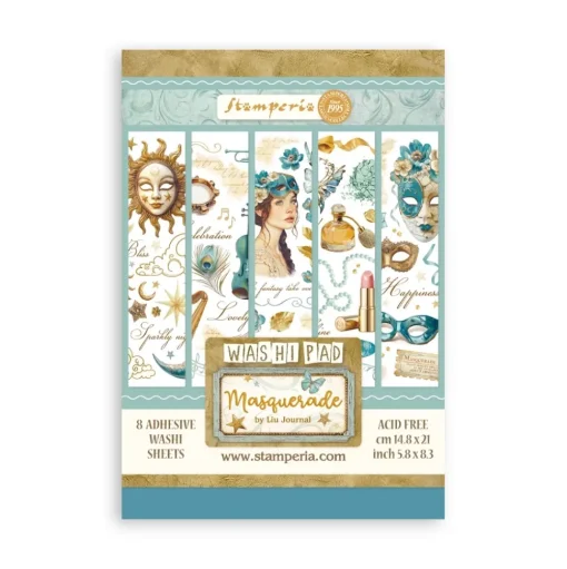 Set 8 hojas de washi tape Masquerade Stamperia A5